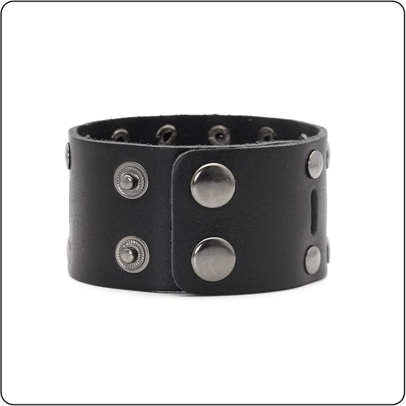 Fusamk Punk Rock Double Row Rivets Wristband Hollow Wide Leather Cuff Bracelet - Image 3